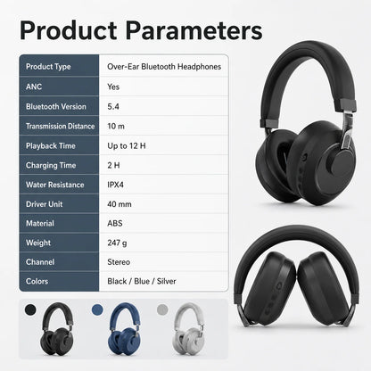 ANC Headphones Bluetooth Earphones Over Ear Wireless Headphones Noise Cancelling Foldable Stereo Headset with Mic HiFi Sounds