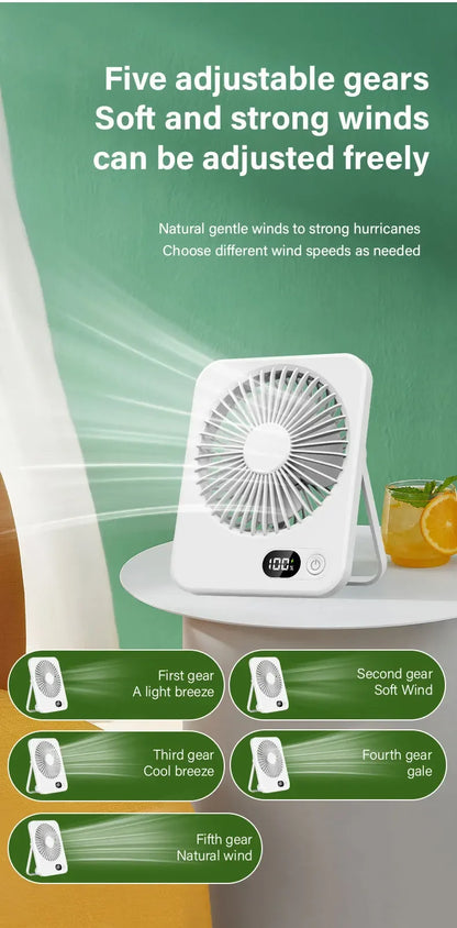 Portable Desk Fan USB Rechargeable Fan 180° Tilt Folding Personal Fan With Power Display 5 Speeds Ultra Quiet Table