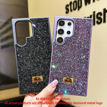 Glitter Bling Diamond Sparkle Case For Samsung Galaxy S23 S24 S25 S26 Ultra Plus Metal Logo Back All-Inclusive Protective Cover