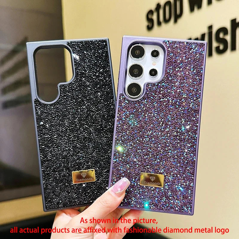 Glitter Bling Diamond Sparkle Case For Samsung Galaxy S23 S24 S25 S26 Ultra Plus Metal Logo Back All-Inclusive Protective Cover