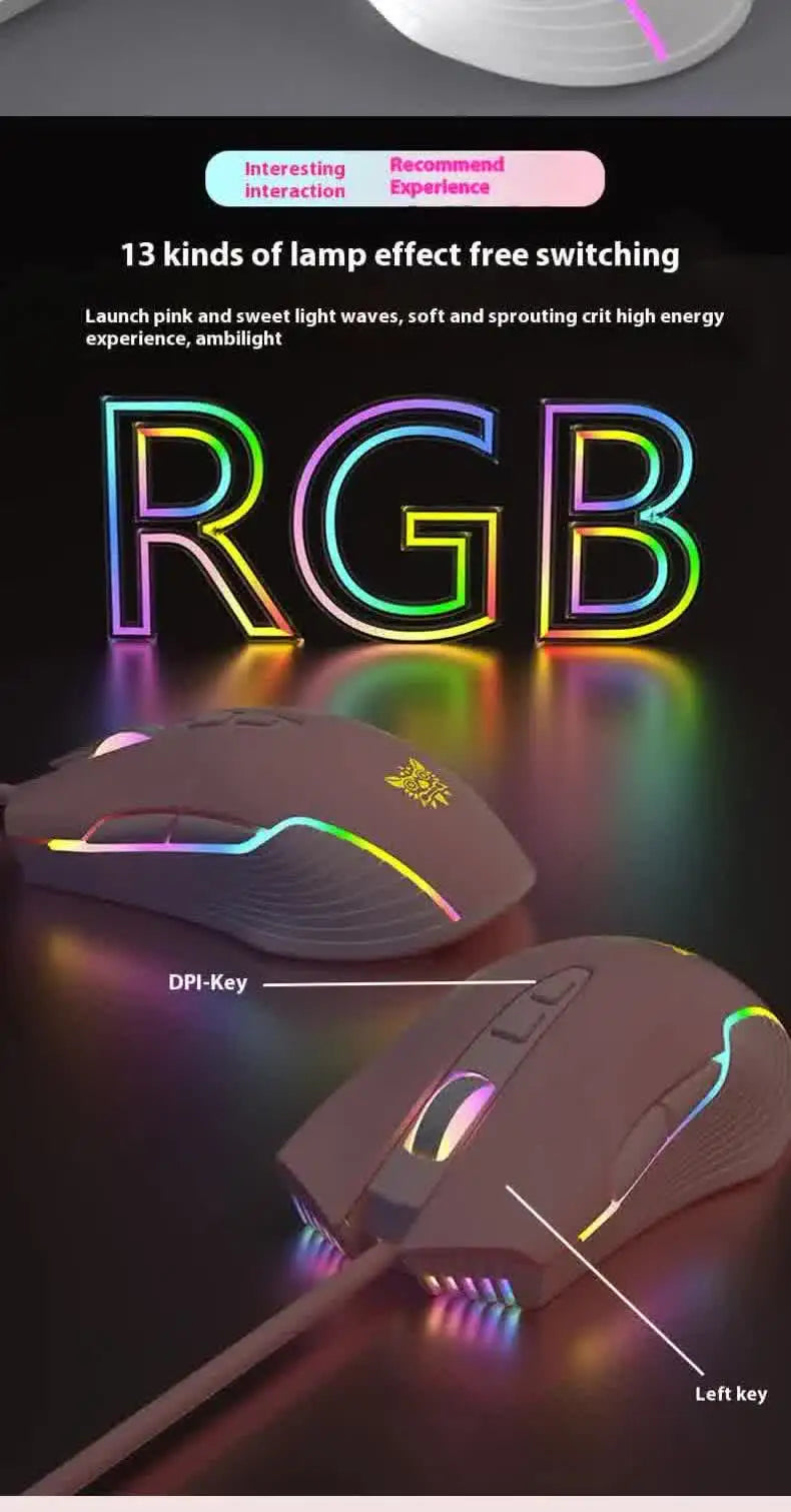 RGB Gaming Mouse Pink Cute Mouse 6400 DPI Wired Optical Mouse with Cool Lighting Mice for Home Office Notebook PC