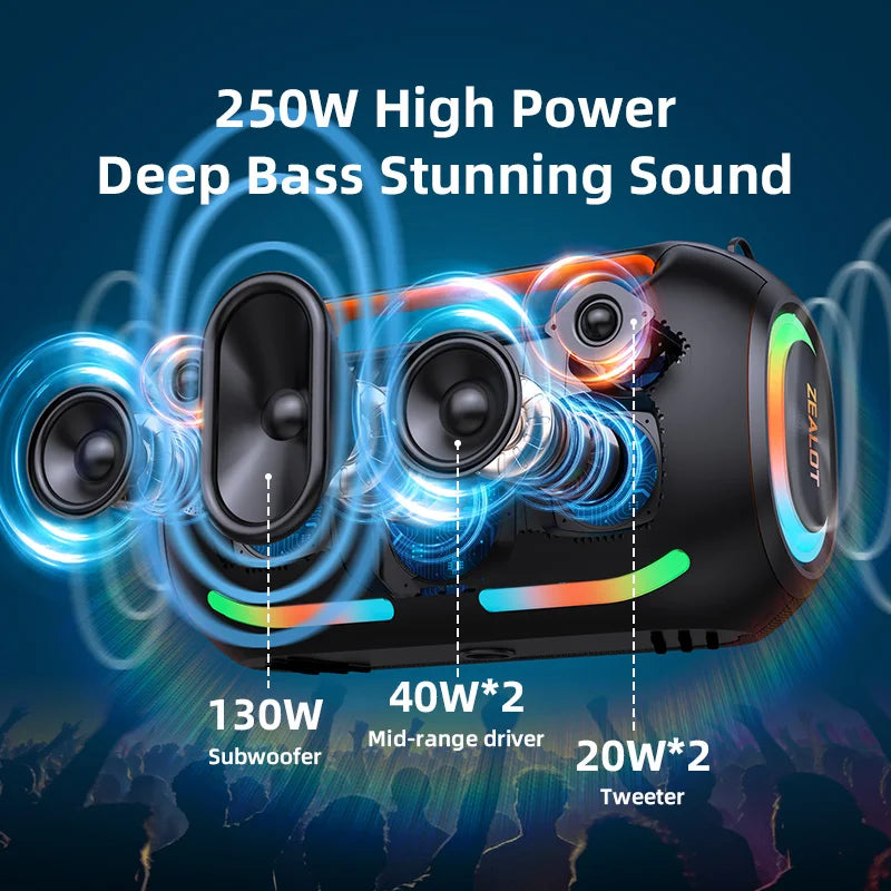 ZEALOT ZE41 250W Bluetooth Subwoofer | 48000mAh Long-Lasting Battery, RGB Lights, OTG Recording, Smart APP Control