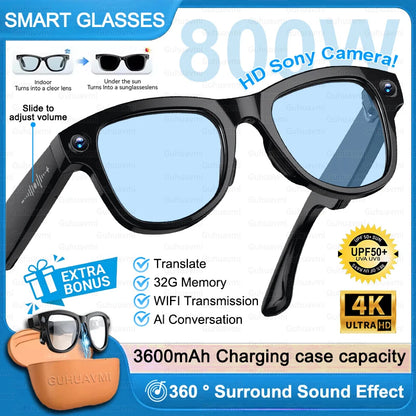 Next-Gen AI Smart Glasses 4K HD Video Recording 120+ Languages Translation 3600mAh Charging Case Bluetooth Call Music Sunglasses