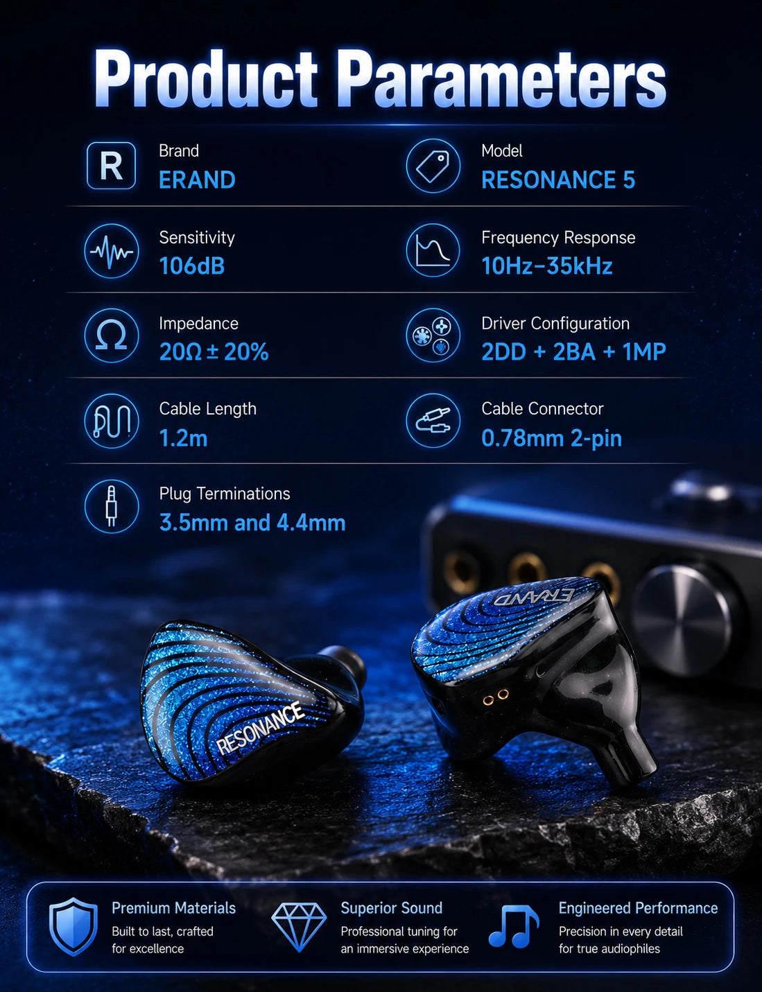 ERAND RESONANCE 5 2DD+2BA+1MP Hybrid IEMs HIFI In-ear Wired Earphones 5-driver 5-tube 5-way Monitor Headphones Earbuds