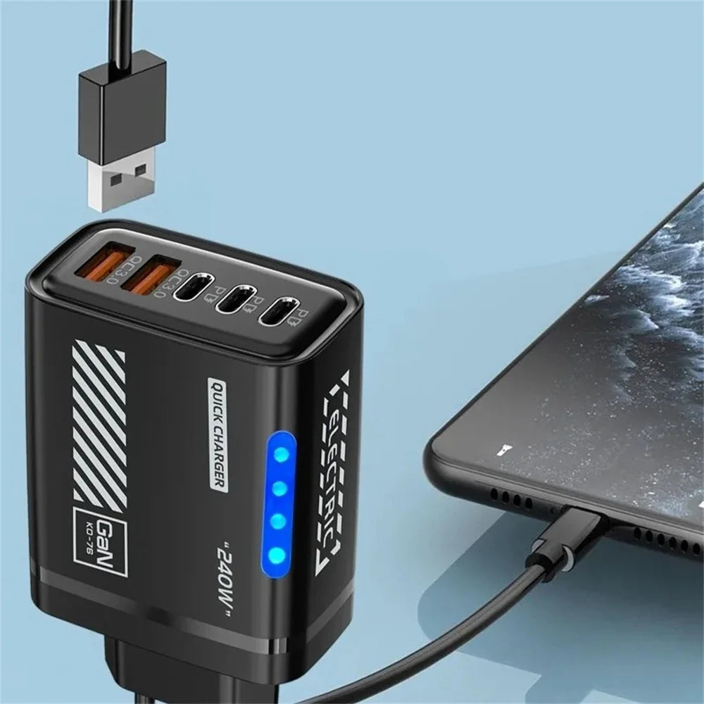 5in1 240W Type C Fast Charger US/EU Plug Desktop USB Charger Wall Adapter PD Quick Charge 3.0 USB C Phone Charging Head Adapter