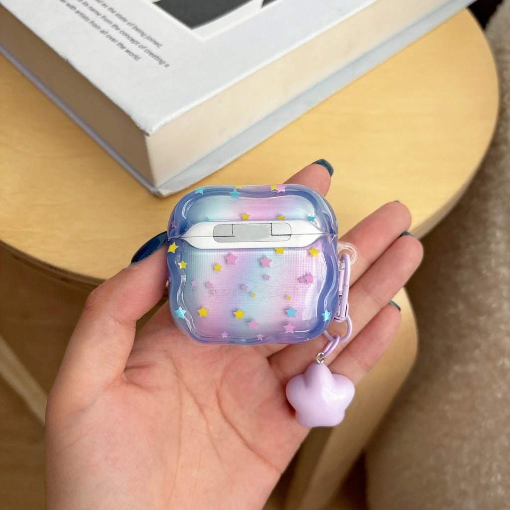 Dopamine Gradient Colorful Little Star Wavy Edge With Pendant Shock Proof Earphone Cover Case for AirPods 1 or 2 3 4 5 Pro 2 3