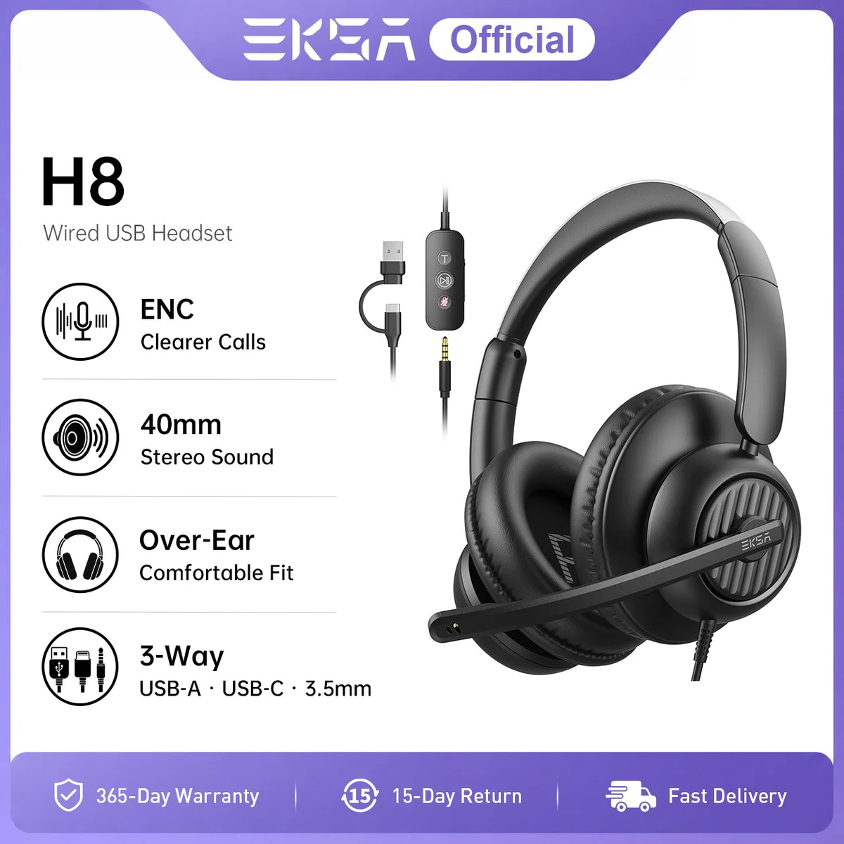 EKSA H8 Office Headset Wired Headphones with Mic USB Type C 3.5mm ENC Noise Cancelling PC Phone Teams Mute Button 40mm Over-Ear
