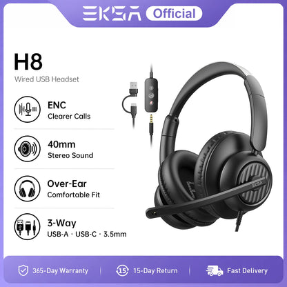 EKSA H8 Office Headset Wired Headphones with Mic USB Type C 3.5mm ENC Noise Cancelling PC Phone Teams Mute Button 40mm Over-Ear