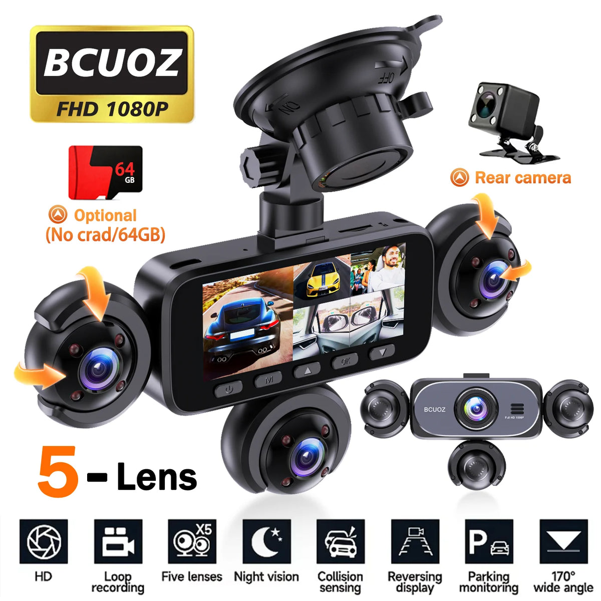 BCUOZ 360° Dashcam 5-Lens 1080P Front 720P Rear Left Right Car Cameras Super Night Vision G-Sensor WDR Loop Recording 12-24V Plug Power Supply Optional 64GB Memory Card