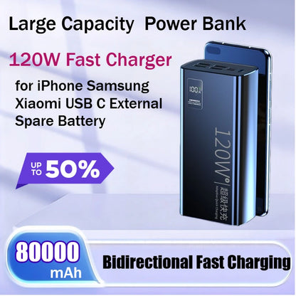 Large Capacity 80000mAh Power Bank 120W Fast Charger for iPhone Samsung Xiaomi USB C External Spare Battery Portable