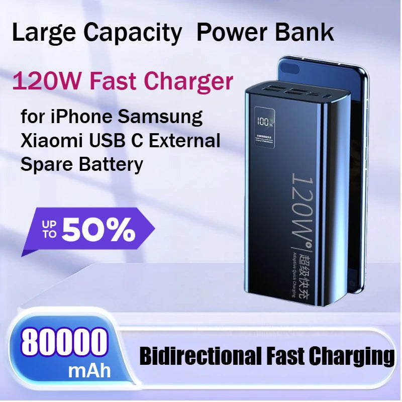 Large Capacity 80000mAh Power Bank 120W Fast Charger for iPhone Samsung Xiaomi USB C External Spare Battery Portable