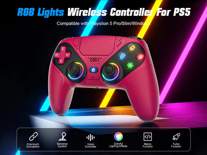 RGB Gamepad For Playstation 5/PS5 Pro/Slim/PC Wireless PS5 Controller 3D Game Joystick Dual Vibration Macro/Turbo Function