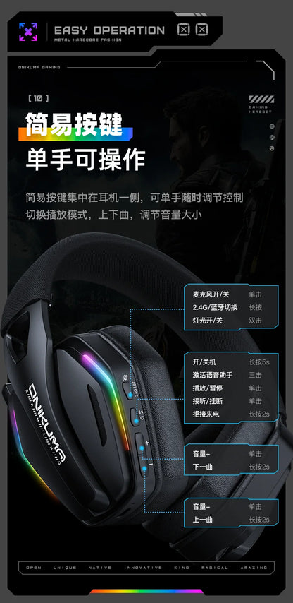 ONIKUMA GT826 Wireless Headset Gaming Headphone Tri Mode Connection Bluetooth USB C 2.4G Low Latency RGB Stereo Sound For PS5 PC