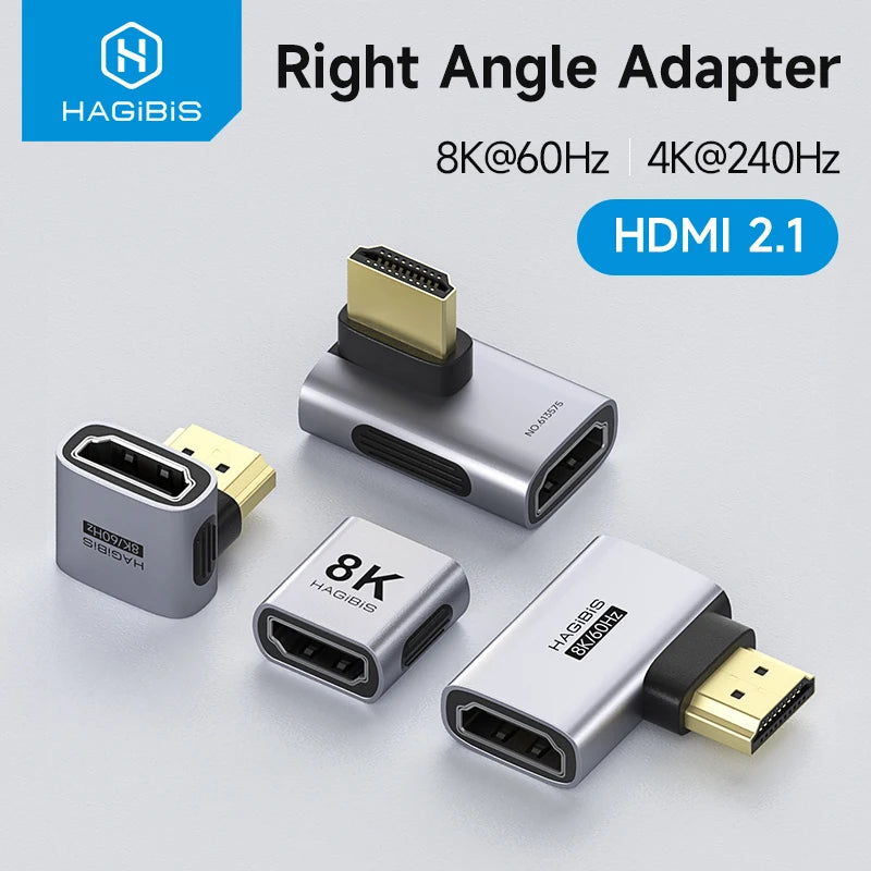 Hagibis HDMI to HDMI Adapter Right Angle 90 Degree Male to Female HDMI 2.1 Coupler  Cable Extender Connector Conventer L-Shaped