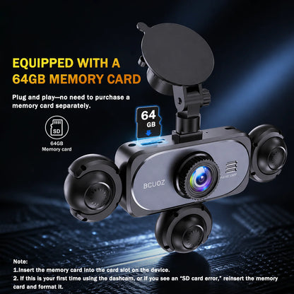 BCUOZ 360° Dashcam 5-Lens 1080P Front 720P Rear Left Right Car Cameras Super Night Vision G-Sensor WDR Loop Recording 12-24V Plug Power Supply Optional 64GB Memory Card