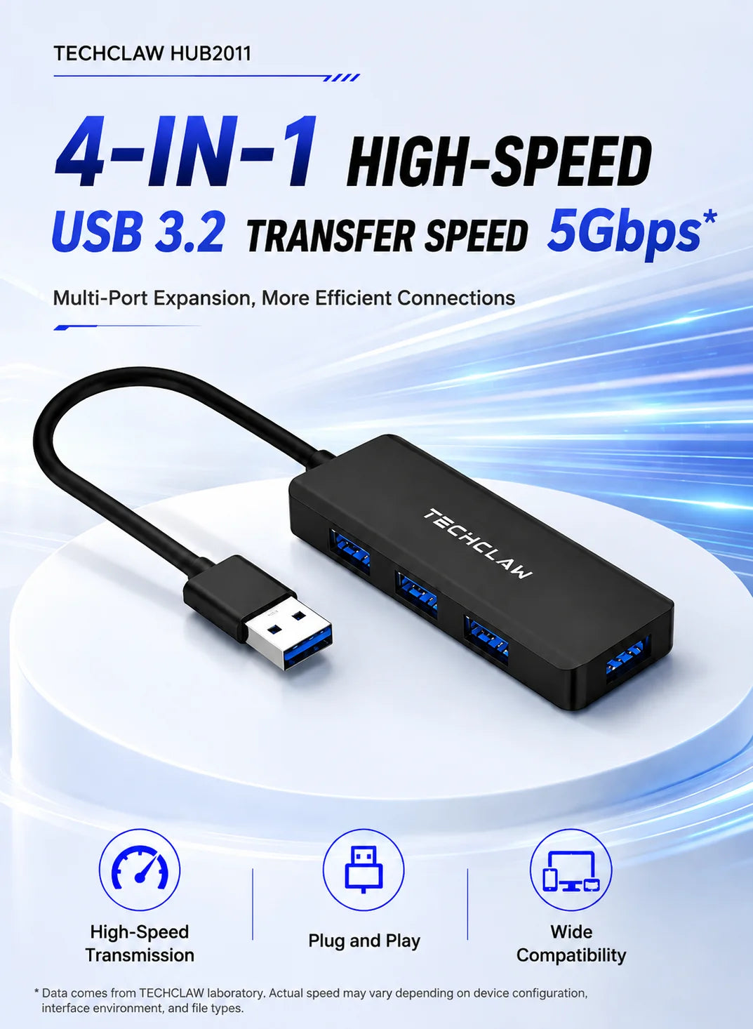 TECHCLAW USB 3.2 Hub 4 Ports USB-A Splitter 5Gbps High Speed USB Hub Adapter Portable Multi USB Expander for Laptop PC Computer