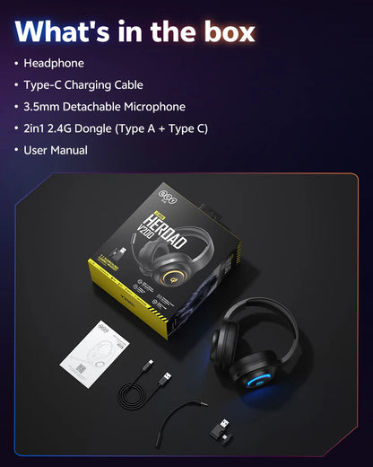 QCY Heroad V200 Gaming Headset Bluetooth 6.0 with Mic 50mm Driver 7.1 Surround Sound RGB Over Ear Headphones for PC Laptop PS4/5