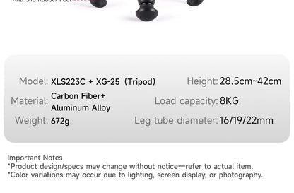 XILETU Lightweight Stable Carbon Fiber Tripod w 360° Rotation Detachable Ball Head Mini Tabletop Stand For Digital Cameras DSLRS