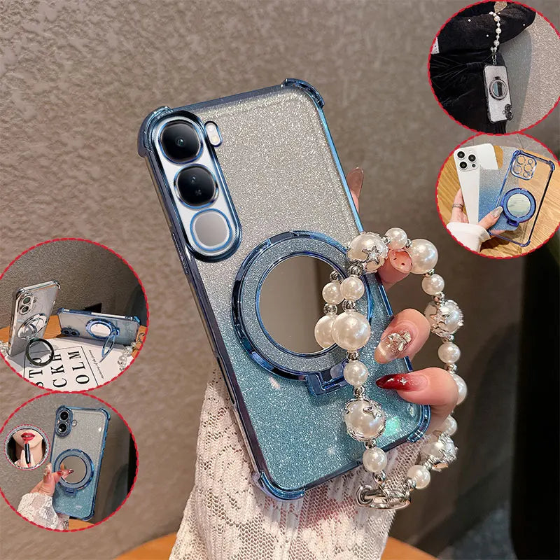 Bling Glitter Lipstick Mirror Stand Phone Case For Vivo Y31 5G Y21D With Pearl Chain Girls Women's Anti-drop Shockproof Cover
