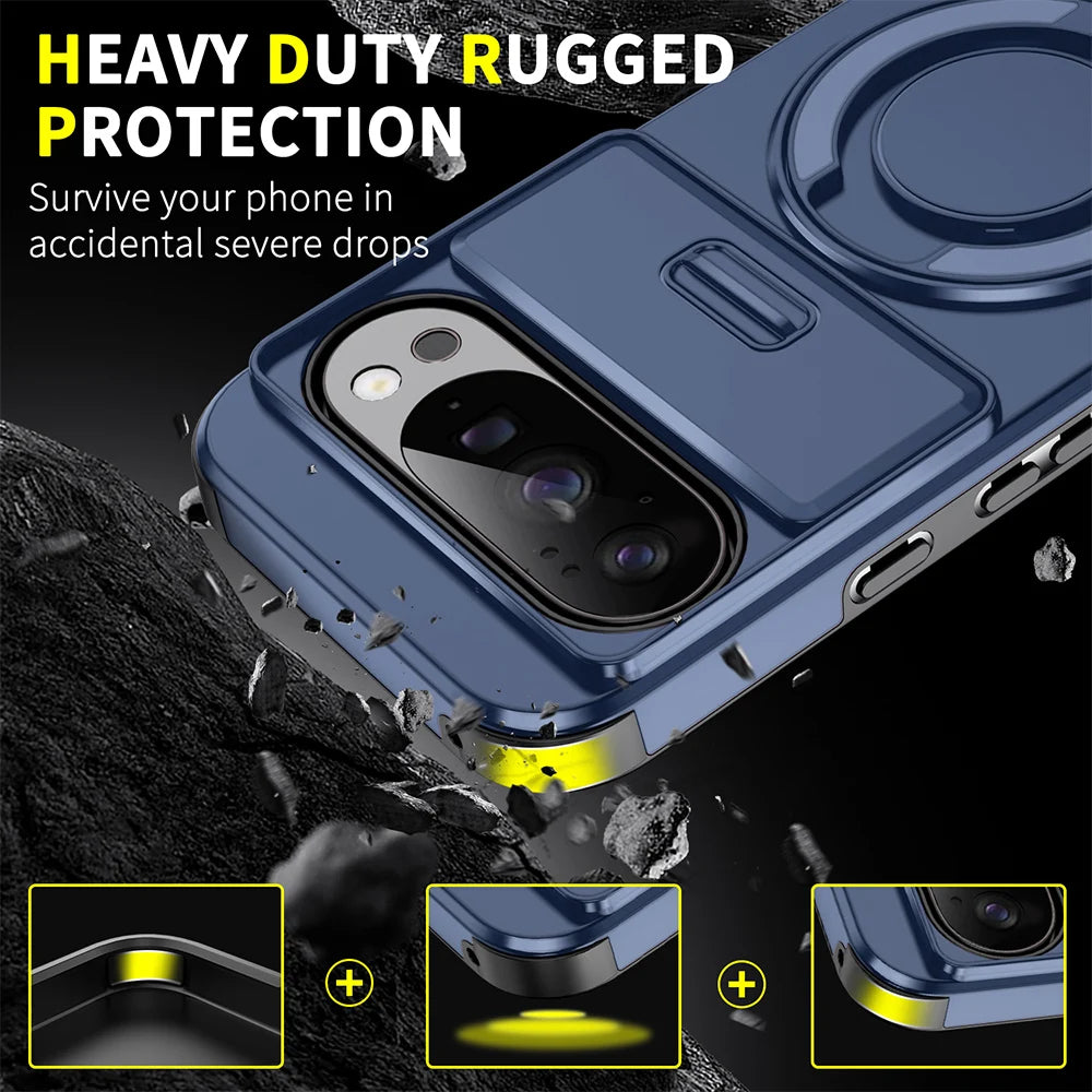 Heavy Duty Rugged Phone Case for Google Pixel 10 9  Pro XL 7 8 9 10 Pro 8A 9A Cases with Sliding Lens Cover Ring Kickstand Funda