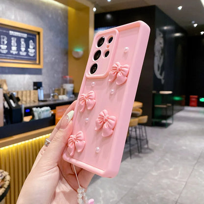 3D Pearl Pink Bow Lanyard Phone Case For Samsung Galaxy S25 S24 Ultra S23 S22 S21 Plus A53 A54 Bracelet Wrist Strap Soft Cover