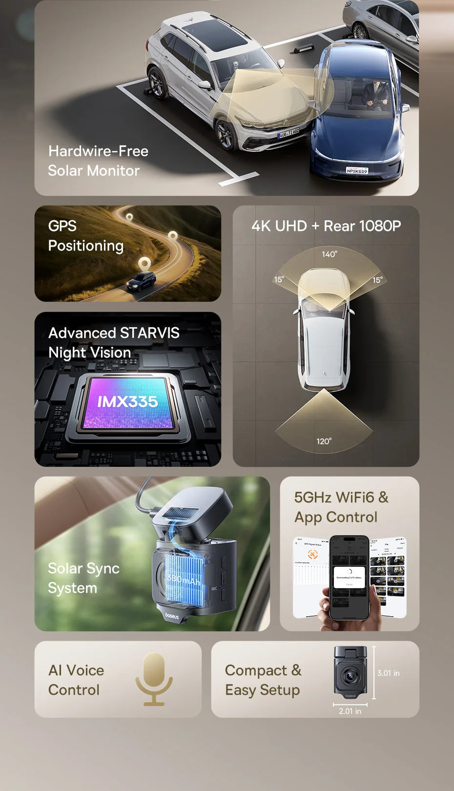 Baseus 4K Dash Cam for SONY Sensor STARVIS Night Vision Front and Rear Car Camera ADAS WiFi6 GPS 24H Parking Dashcam