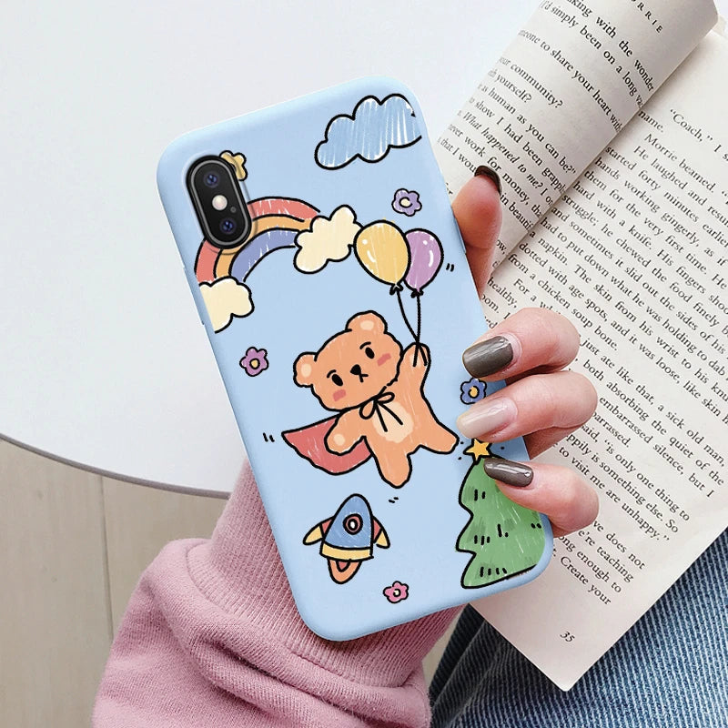 Flowers Funda For Phone Case iPhone X XS MAX XR Capa Soft Silicone Cute Cat Bear Back Cover For iPhone XR Bumper Women Anti-Fall