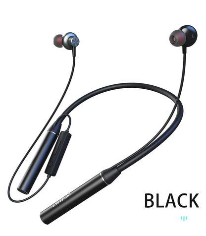 Neck-mounted TWS sports Bluetooth earphones with a metal casing, memory neckband, bendable and portable. Supports TF card playback for music. Dual battery design for ultra-long battery life. Supports simultaneous connection t