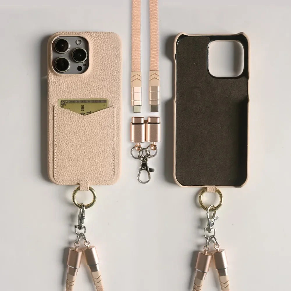 Multifunctional Charging Cable Lanyard Genuine Leather Case for IPhone 18 Pro Max 17Pro 16 15 14 13Pro Crossbody Strap Card Slot