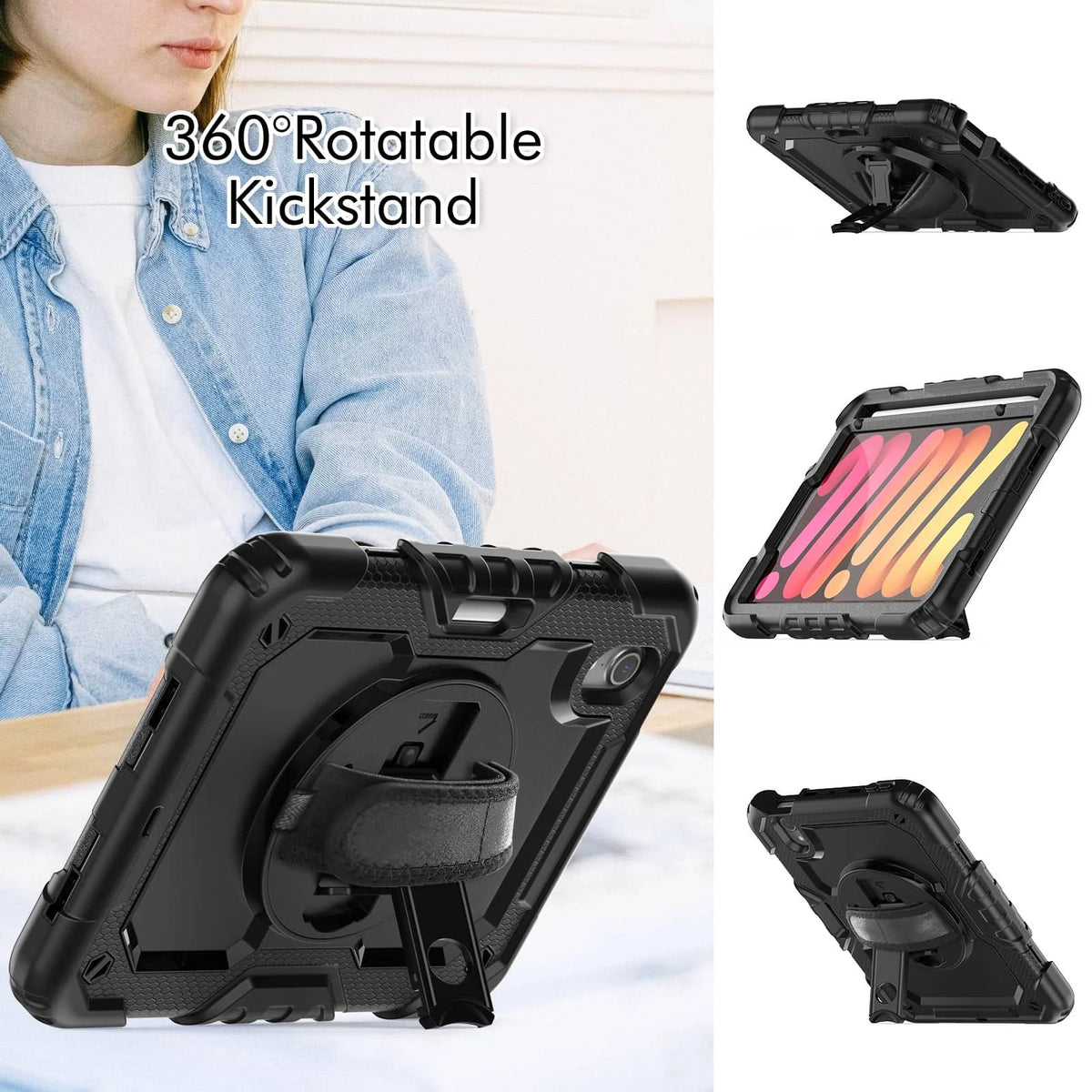 Case for iPad Mini 7 (A17 Pro)2024/ Mini 6 8.3'' with Screen Protector Pencil Holder [360 Rotating Hand Strap] &Stand Shockproof