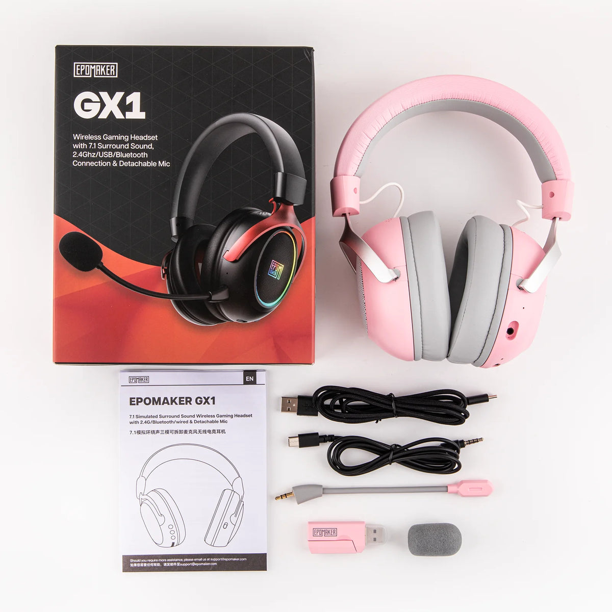 EPOMAKER GX1 Tri-mode Wireless Gaming Headset with 7.1 Surround Sound & ENC Noise Canceling Mic for PS4/PS5/Switch/PC/Mac/FPS