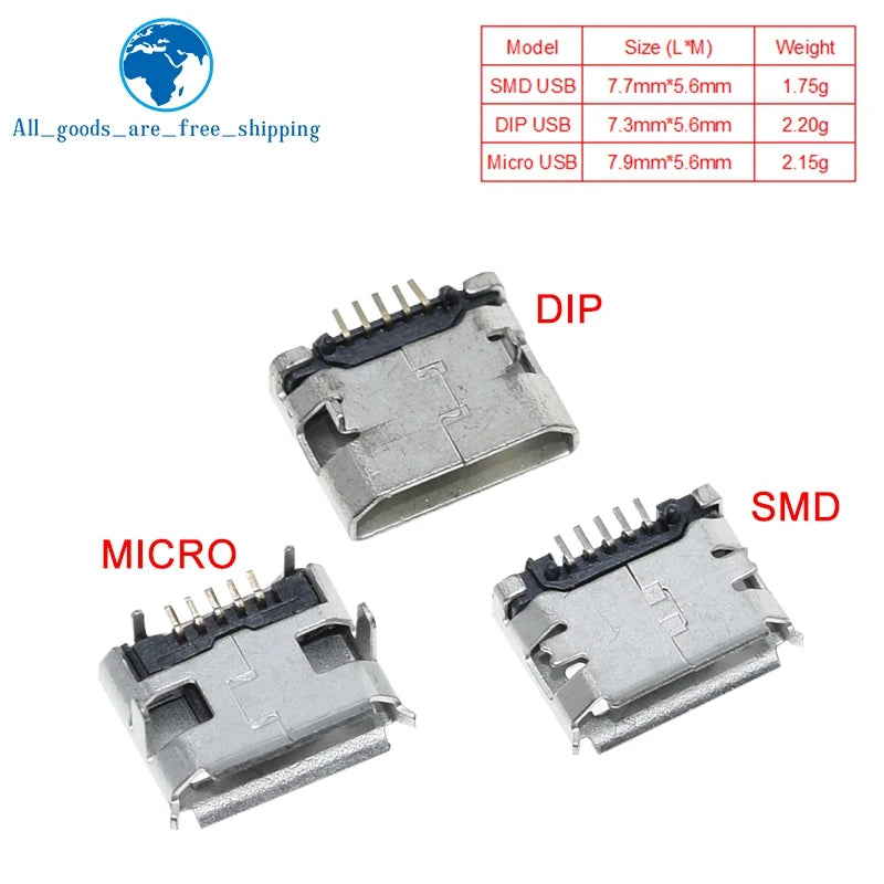 TZT 10pcs/100PCS Micro USB 5pin Female Usb Socket Flat mouth four legs socket mini usb connector