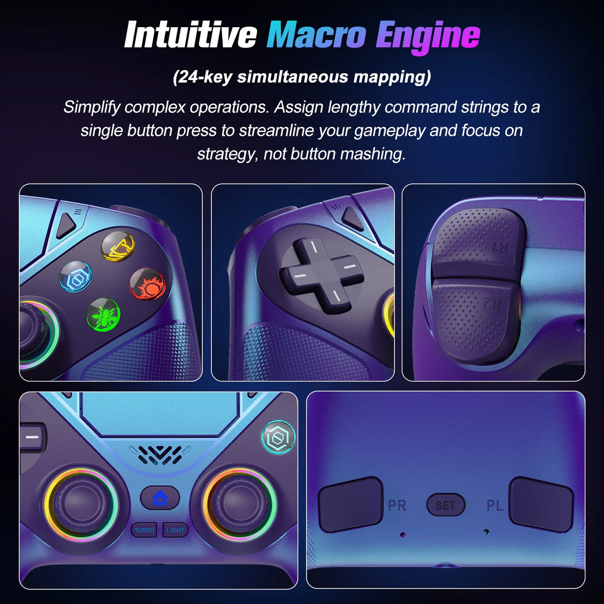 Controller For Playstation5 PS5/PS5 Pro/Slim/PC,RGB Wireless Gamepad Hall Effect Trigger Marco/Turbo Anti-Drift Game Joystick