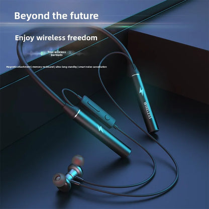 Neck-mounted TWS sports Bluetooth earphones with a metal casing, memory neckband, bendable and portable. Supports TF card playback for music. Dual battery design for ultra-long battery life. Supports simultaneous connection t