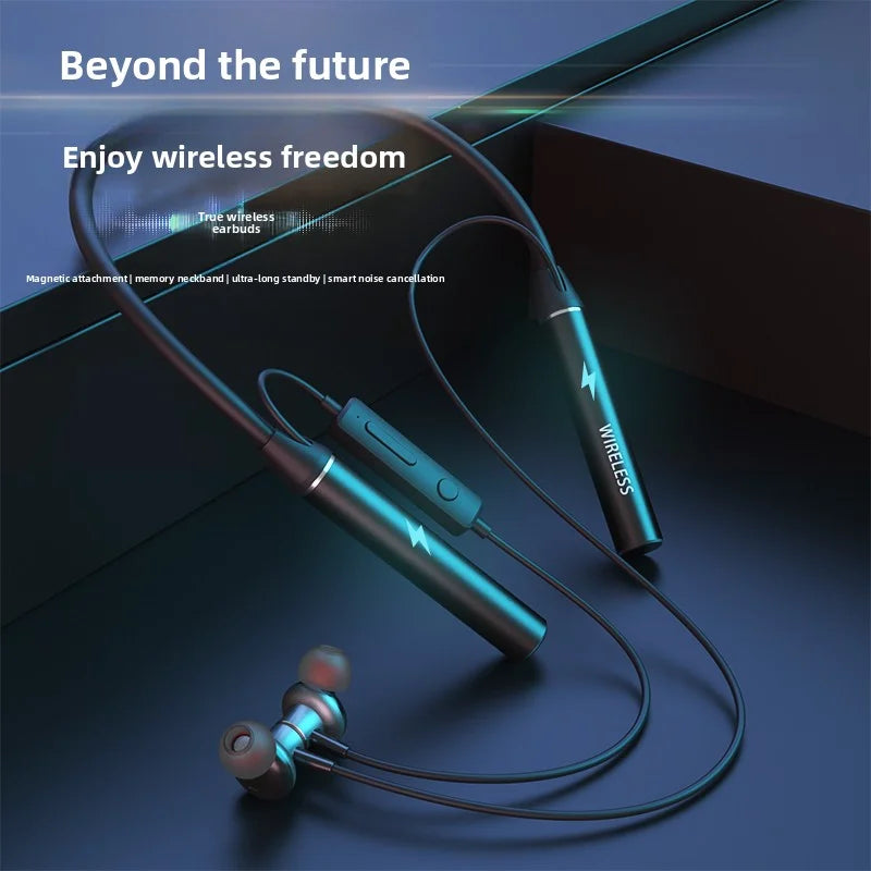 Neck-mounted TWS sports Bluetooth earphones with a metal casing, memory neckband, bendable and portable. Supports TF card playback for music. Dual battery design for ultra-long battery life. Supports simultaneous connection t