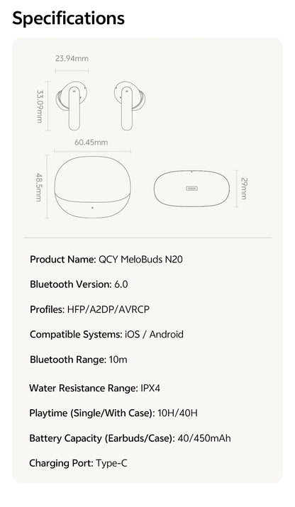 QCY MeloBuds N20 Wireless Bluetooth 6.0 Earphone 13mm Drivers -50dB Adaptive Hybrid Noise Cancelling Earbud 40Hrs HT20 Headphone