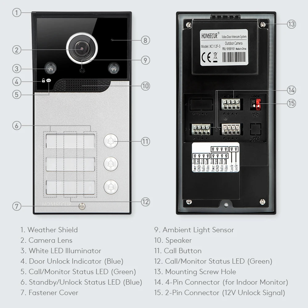 XC112F-3 HD IP65 Doorbell Camera with 3 Call Buttons for 4 Wire 1080P Tuya APP Video Door Phone Intercom Home Security 3 Flats