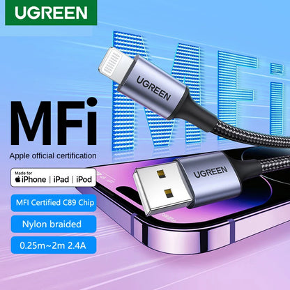 UGREEN MFi For USB Lightning Cable Charger For APPLE iPad iPhone 14 13 11 8 12W Fast charging data Braided short long Carplay 2m