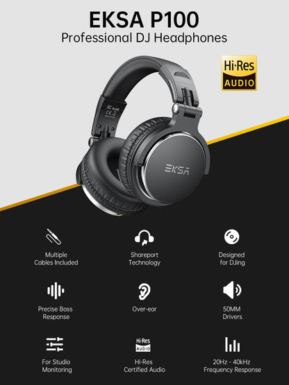 Oneodio EKSA P100 3.5/6.35mm Wired Studio HiFi Headphones Over Ear Professional Hi-Res DJ Monitor Headset With Mic For Guitar