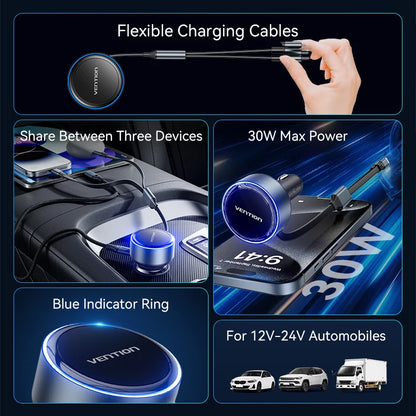 Vention 60W Retractable Car Charger 3 in 1 PD 30W QC 3.0 Fast Charging for iPhone 17 16 Samsung Tablet Cord Cigarette Adapter