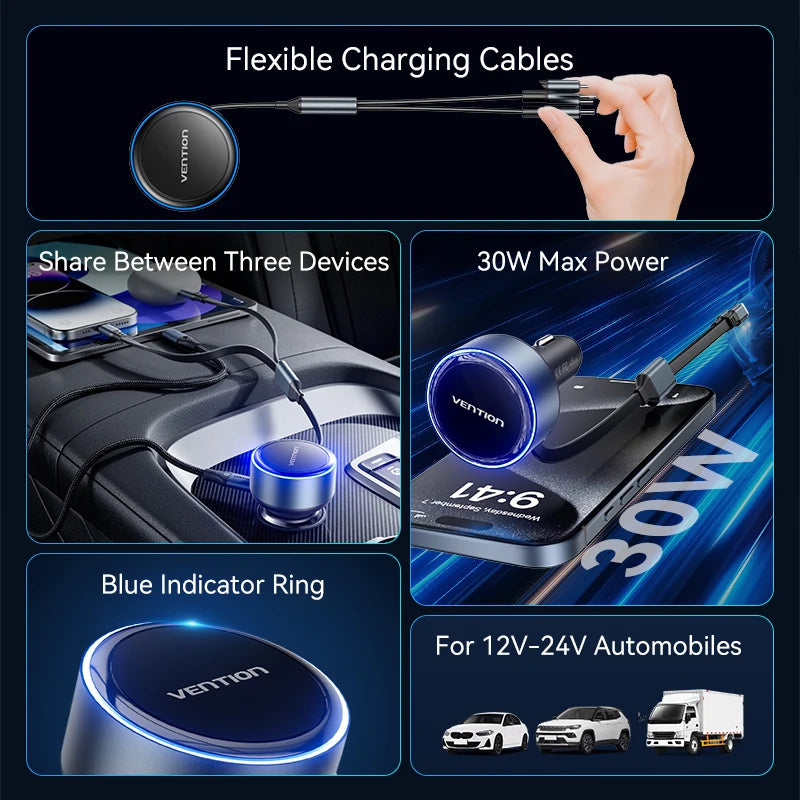 Vention 60W Retractable Car Charger 3 in 1 PD 30W QC 3.0 Fast Charging for iPhone 17 16 Samsung Tablet Cord Cigarette Adapter