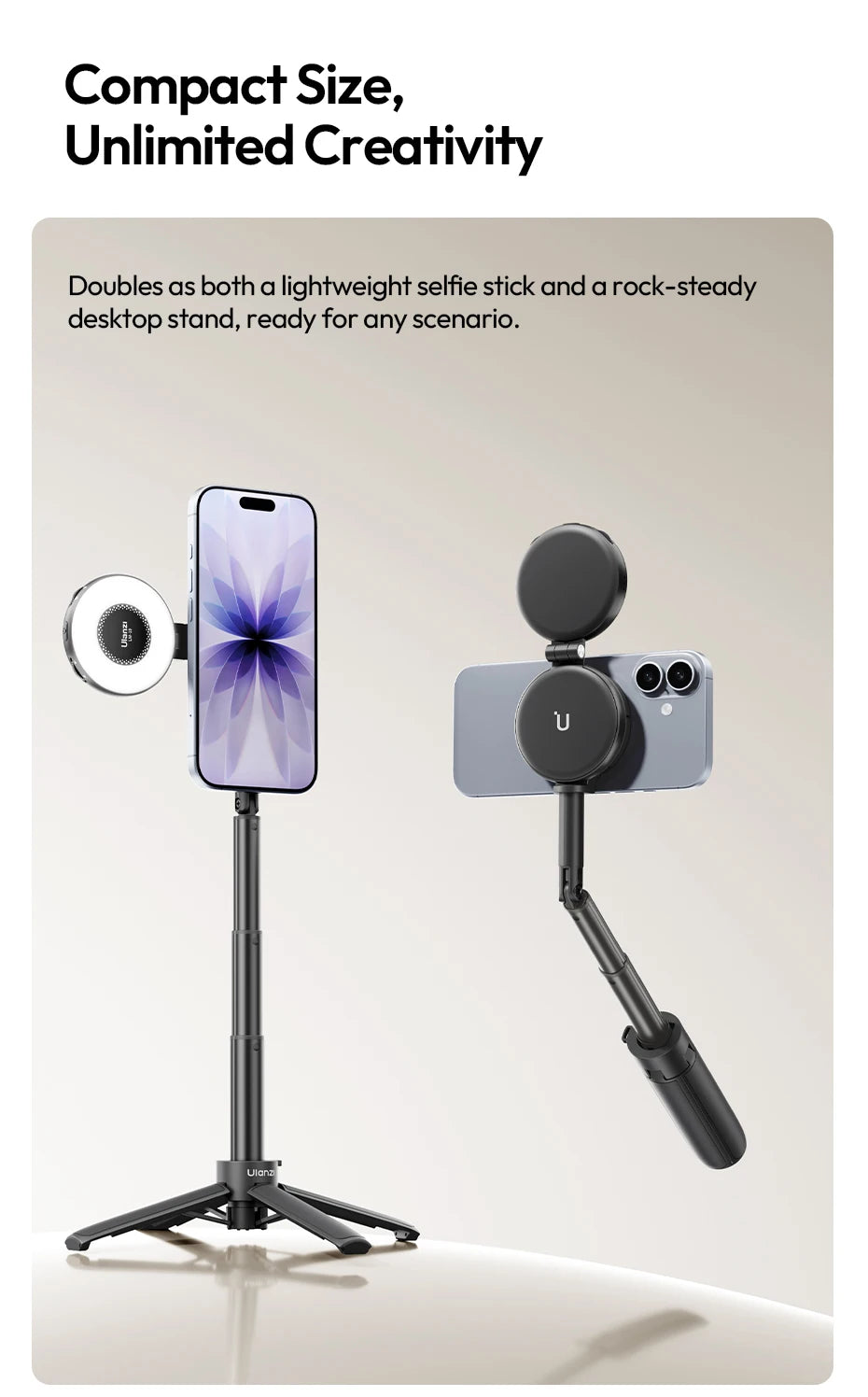 Ulanzi MT71 Magnetic Mini Selfie Stick Telescoping Pole Phone Handle Desktop Tripod for iPhone 17 16 15 14 Android for Travel