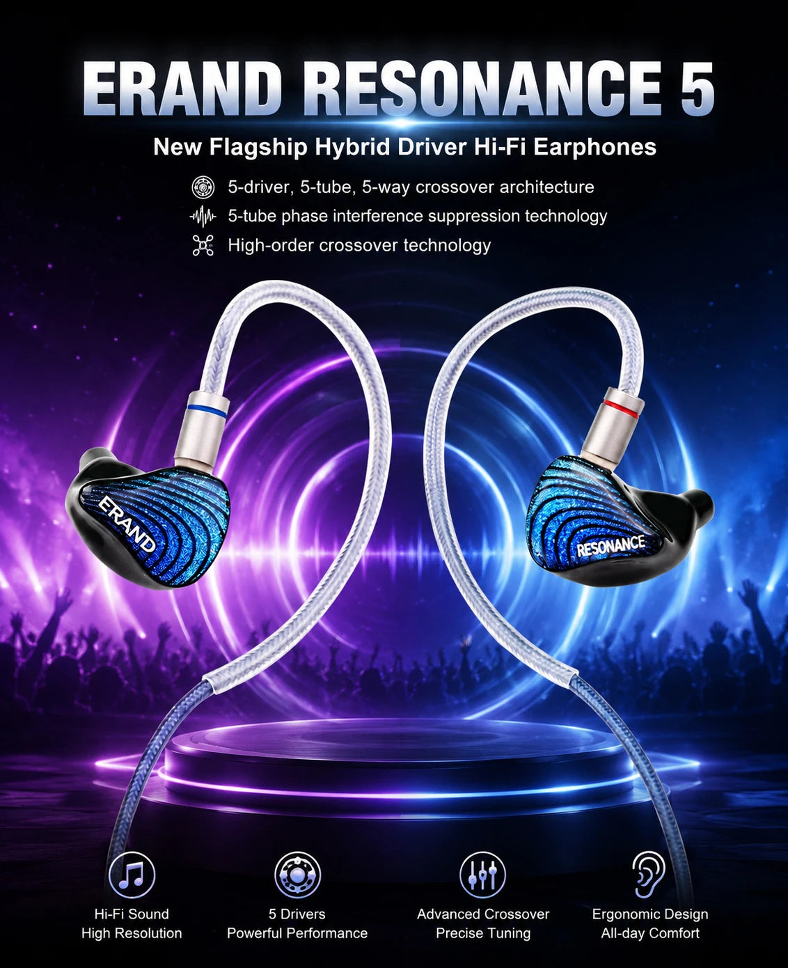 ERAND RESONANCE 5 2DD+2BA+1MP Hybrid IEMs HIFI In-ear Wired Earphones 5-driver 5-tube 5-way Monitor Headphones Earbuds