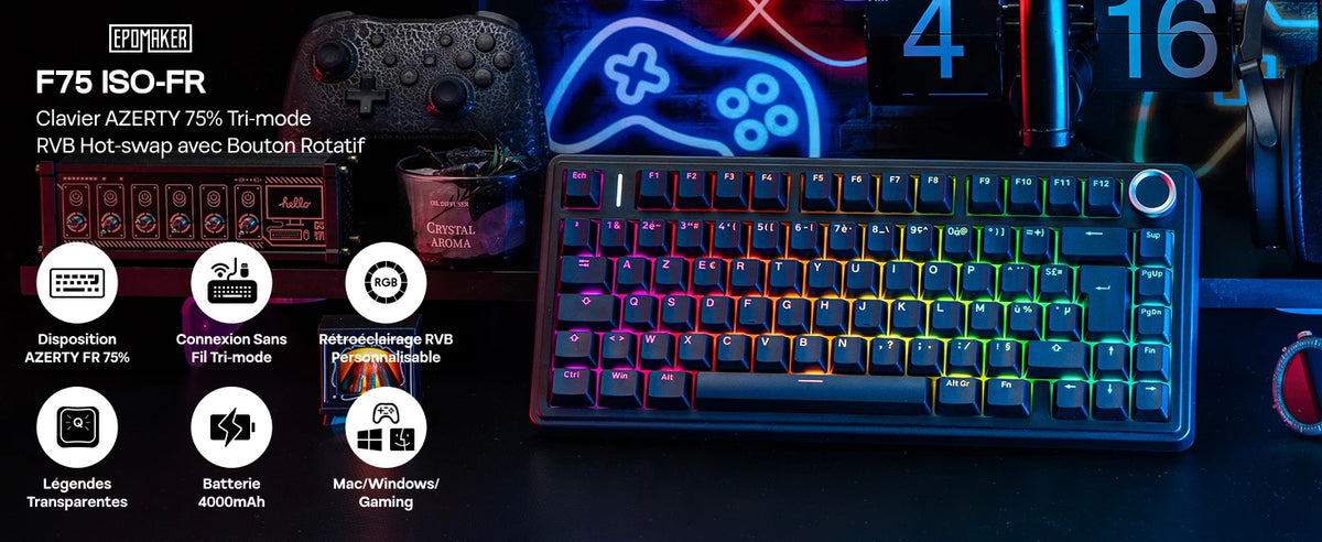 ISO-FR Layout AULA F75 75% AZERTY French Layout Wired/Bluetooth/2.4G Wireless Mechanical Gaming Keyboard RGB Backlighting 4000mAh Battery For Win/Mac