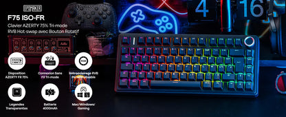 ISO-FR Layout AULA F75 75% AZERTY French Layout Wired/Bluetooth/2.4G Wireless Mechanical Gaming Keyboard RGB Backlighting 4000mAh Battery For Win/Mac