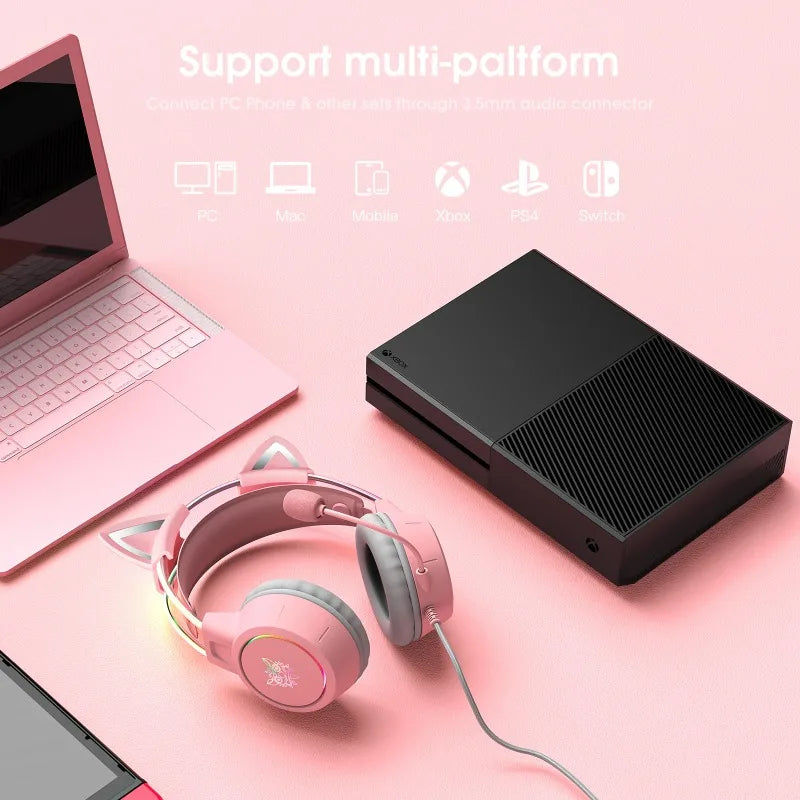 ONIKUMA X15 Pro Pink Cat Ear Gaming Headset Wired RGB Headphones 50MM Driver 3.5MM Stereo Sound Flexible Mic for PC PS4 PS5 Xbox
