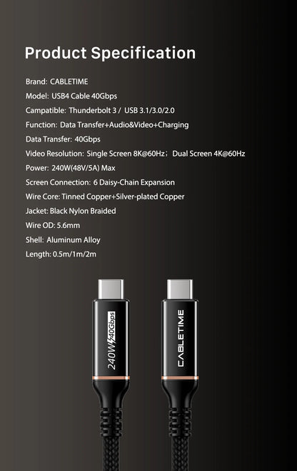 CABLETIME USB C to USB C Cable PD 240W Thunderbolt 4 40Gbps Type C to C 8K 60Hz Cable for Macbook Pro Fast Charge Cable