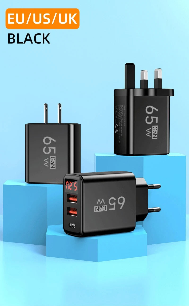 65W USB C Charger Fast Charger Phone Charger Adapter with LED Display QC3.0 EU/US/UK Plug For iPhone Samsung Xiaomi Wall Charger