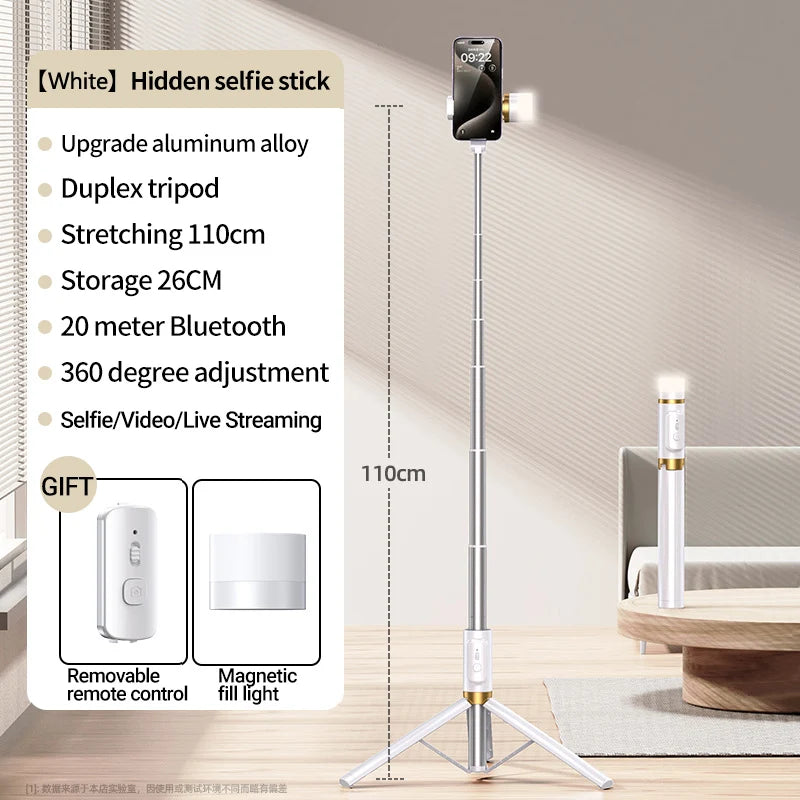 Selfie Stick 1.1 M Ultra Long Stretch Portable Phone Holder Integrated Design Bluetooth Remote With Fill Light Tripod Stand For