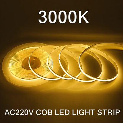 AC220V 240LEDs/M COB LED Strip Light Flexible Tape Lights Smart IC No Need Driver High Bright Linear Lighting RA95 Warm White